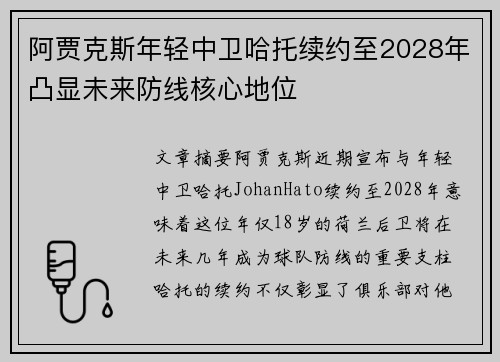 阿贾克斯年轻中卫哈托续约至2028年凸显未来防线核心地位