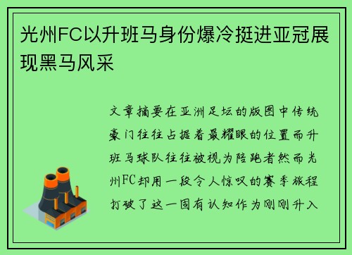 光州FC以升班马身份爆冷挺进亚冠展现黑马风采