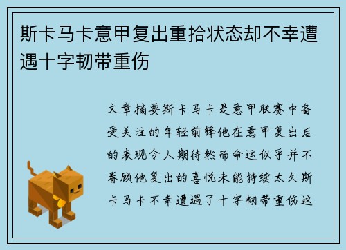 斯卡马卡意甲复出重拾状态却不幸遭遇十字韧带重伤